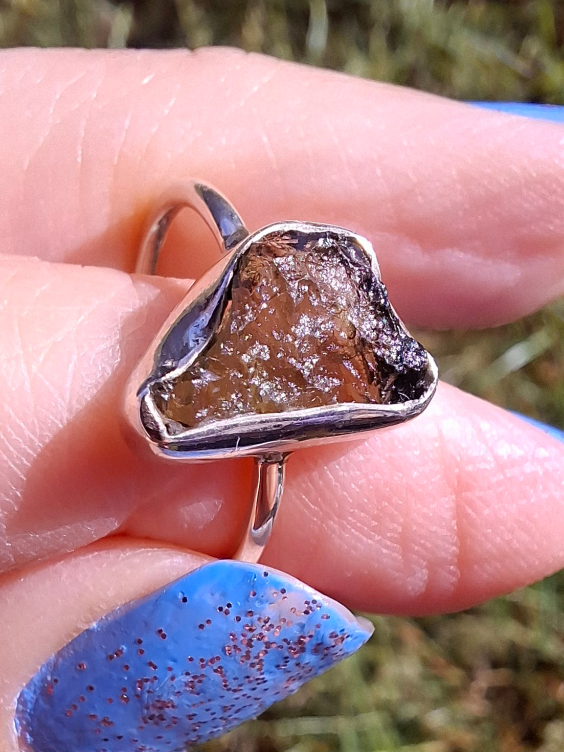 Moldavite Ring, size large M, 925 Silver, Tektite (Ref: R23)
