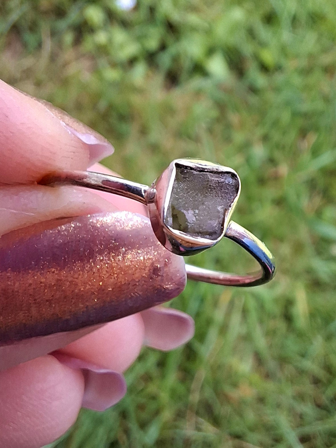 Moldavite Ring, size small Q, 925 Silver, Tektite (Ref: R44)