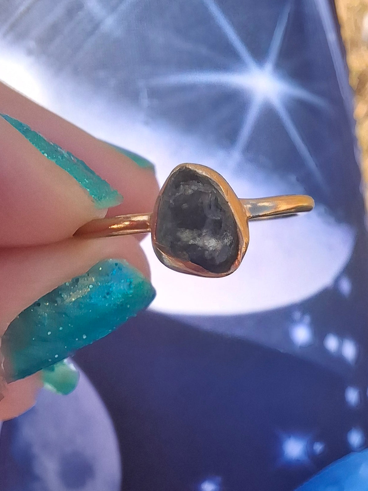 Moldavite Ring, 14K GOLD Plated, size large L, Tektite (Ref: R343)