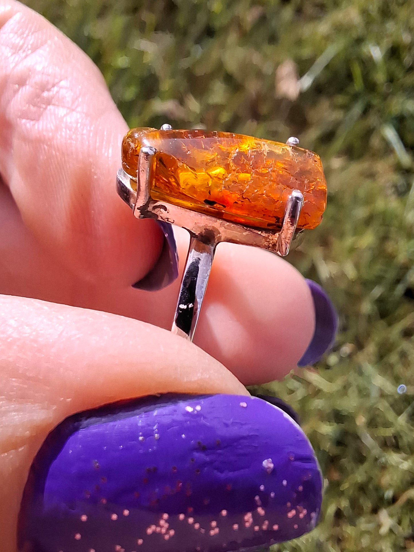 Baltic Amber Ring, size large Y, 925 Silver, Fossil (Ref: AR22)