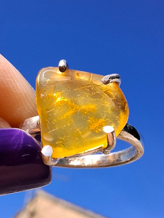 Baltic Amber Ring, size large K/small L, 925 Silver, Fossil (Ref: AR1)