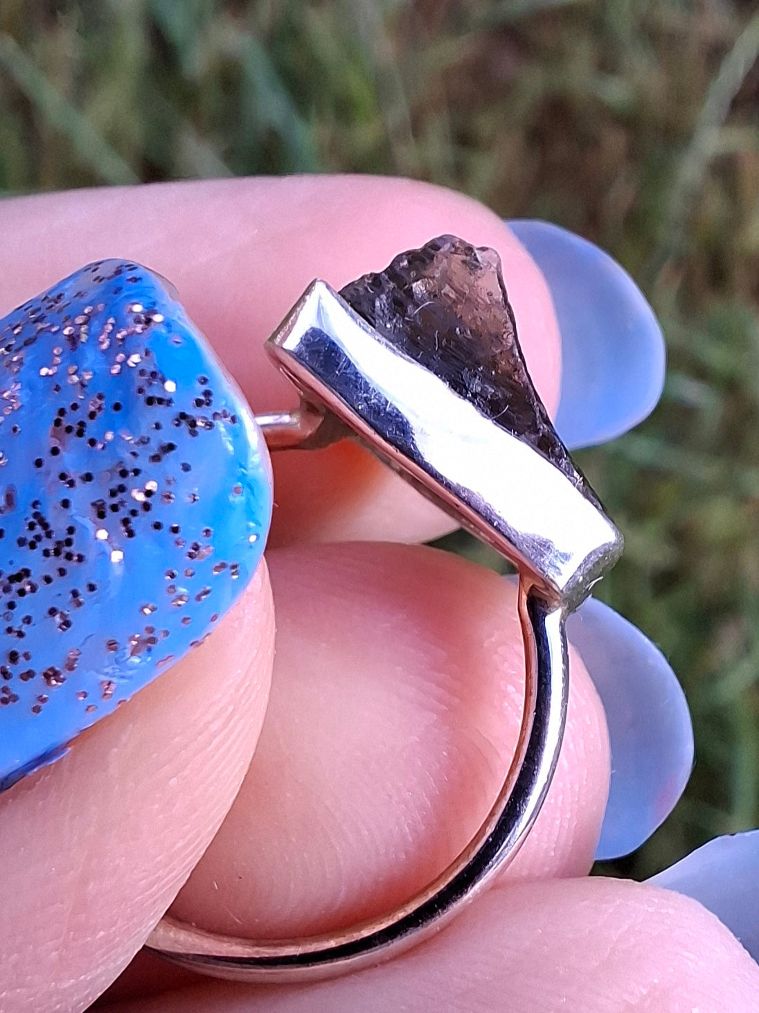 Moldavite Ring, size large J, 925 Silver, Tektite (Ref: R20)