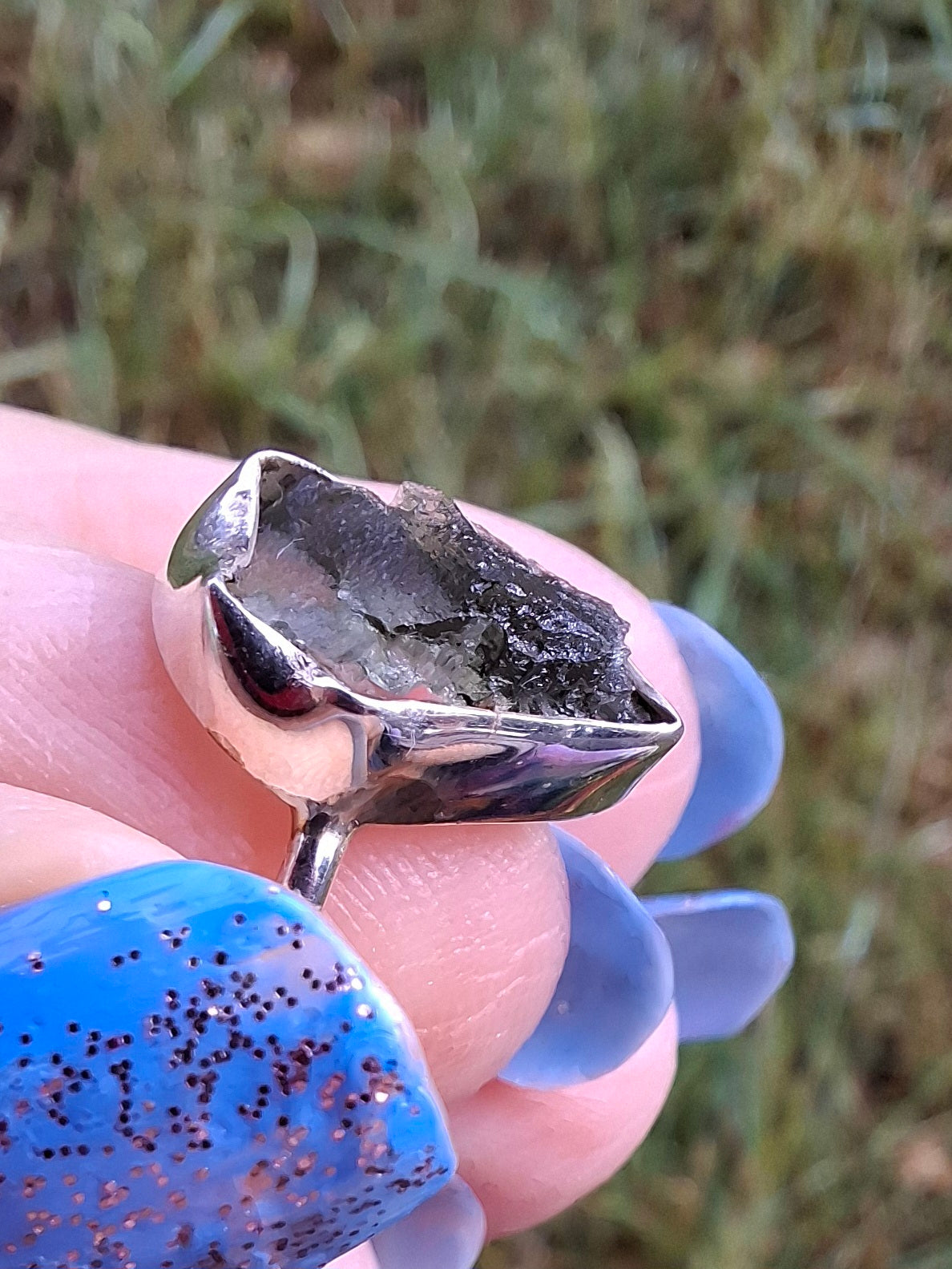 Moldavite Ring, size large G/small H, 925 Silver, Tektite (Ref: R19)