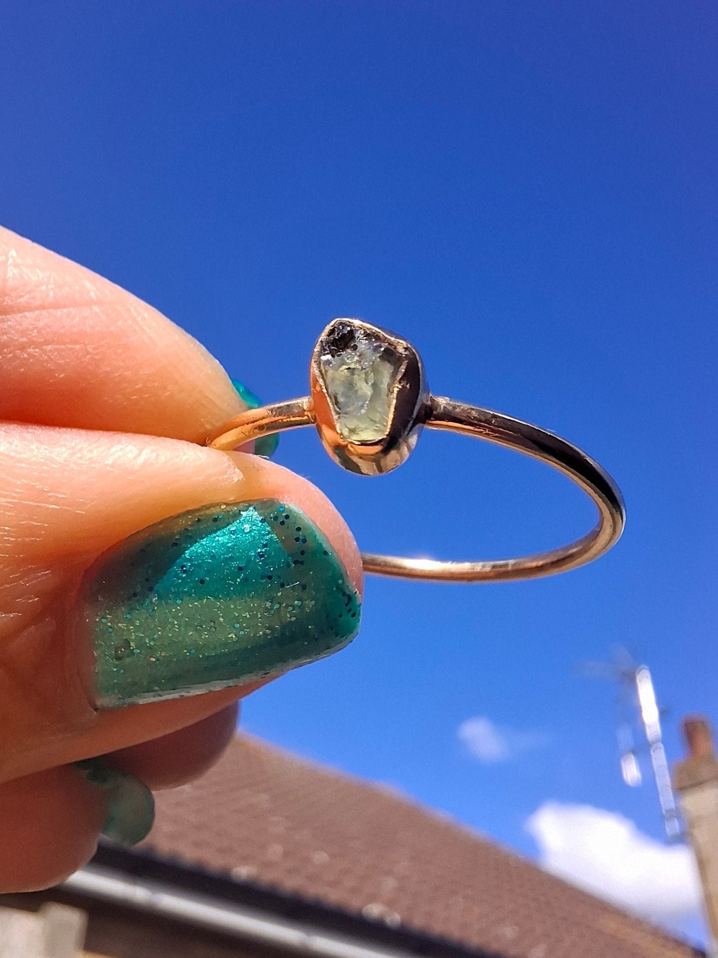 Moldavite Ring, 14K GOLD Plated, size large T, Tektite (Ref: R350)