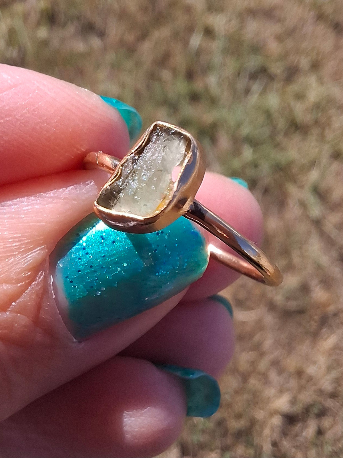 Moldavite Ring, 14K GOLD Plated, size large M, Tektite (Ref: R341)