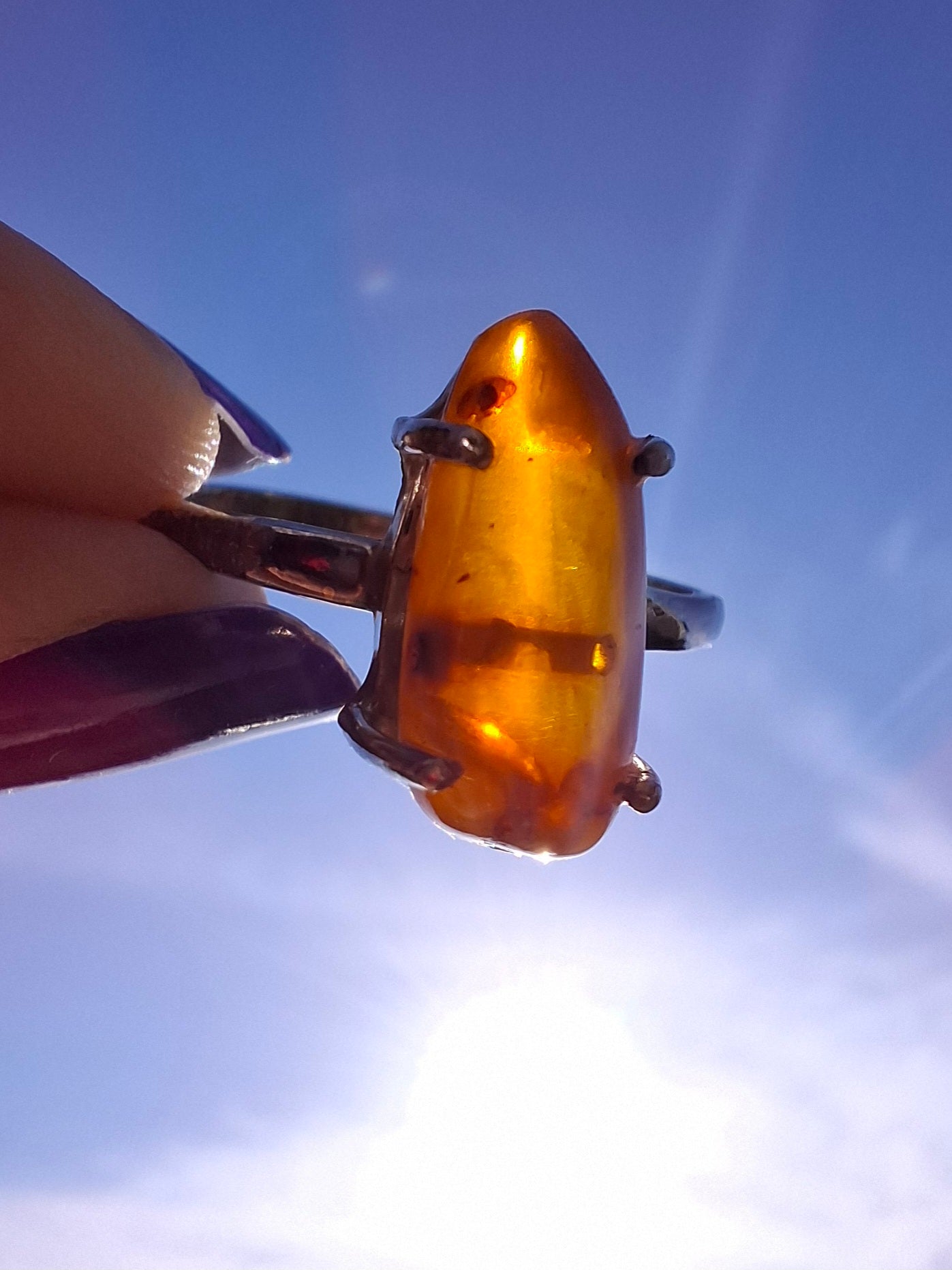 Baltic Amber Ring, size large V, 925 Silver, Fossil (Ref: AR23)