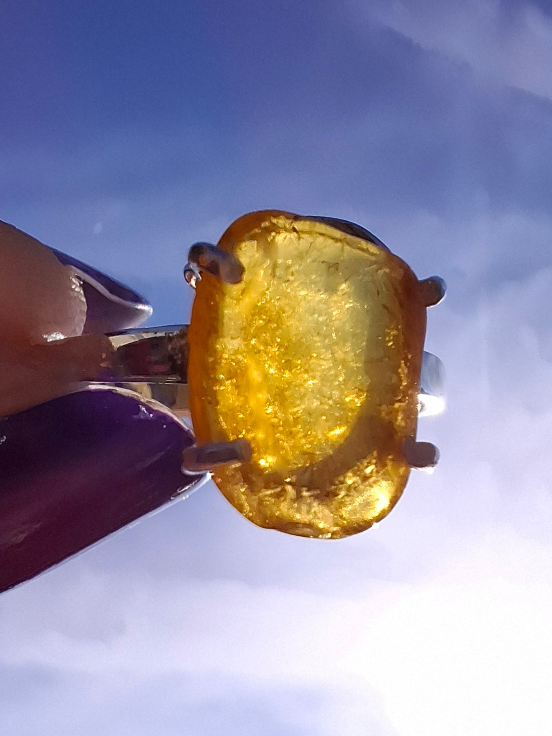 Baltic Amber Ring, size large N, 925 Silver, Fossil (Ref: AR9)