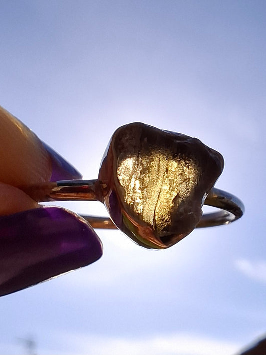Moldavite Ring, size small X, 925 Silver, Tektite (Ref: R33)