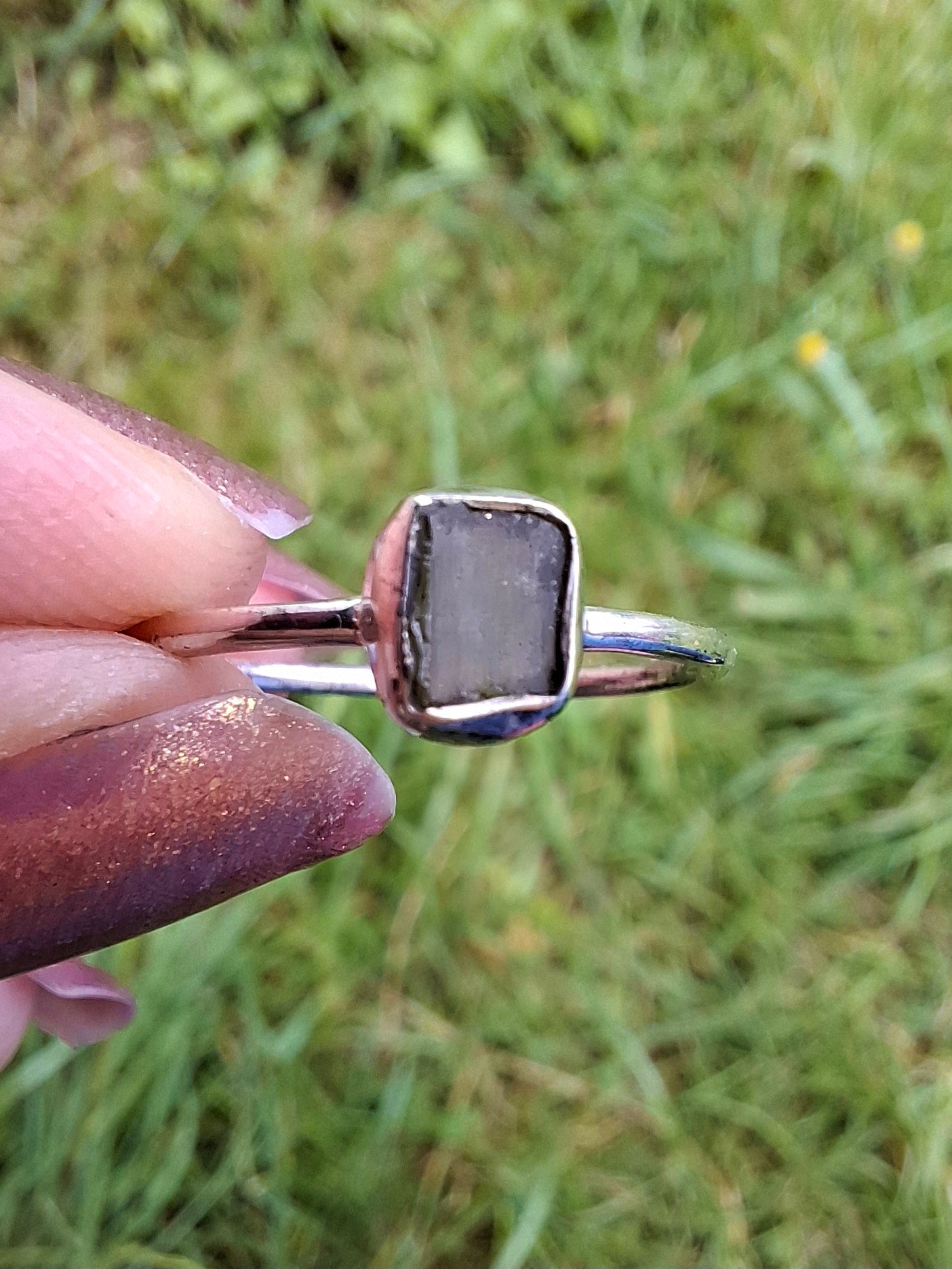 Moldavite Ring, size large P/small Q, 925 Silver, Tektite (Ref: R43)