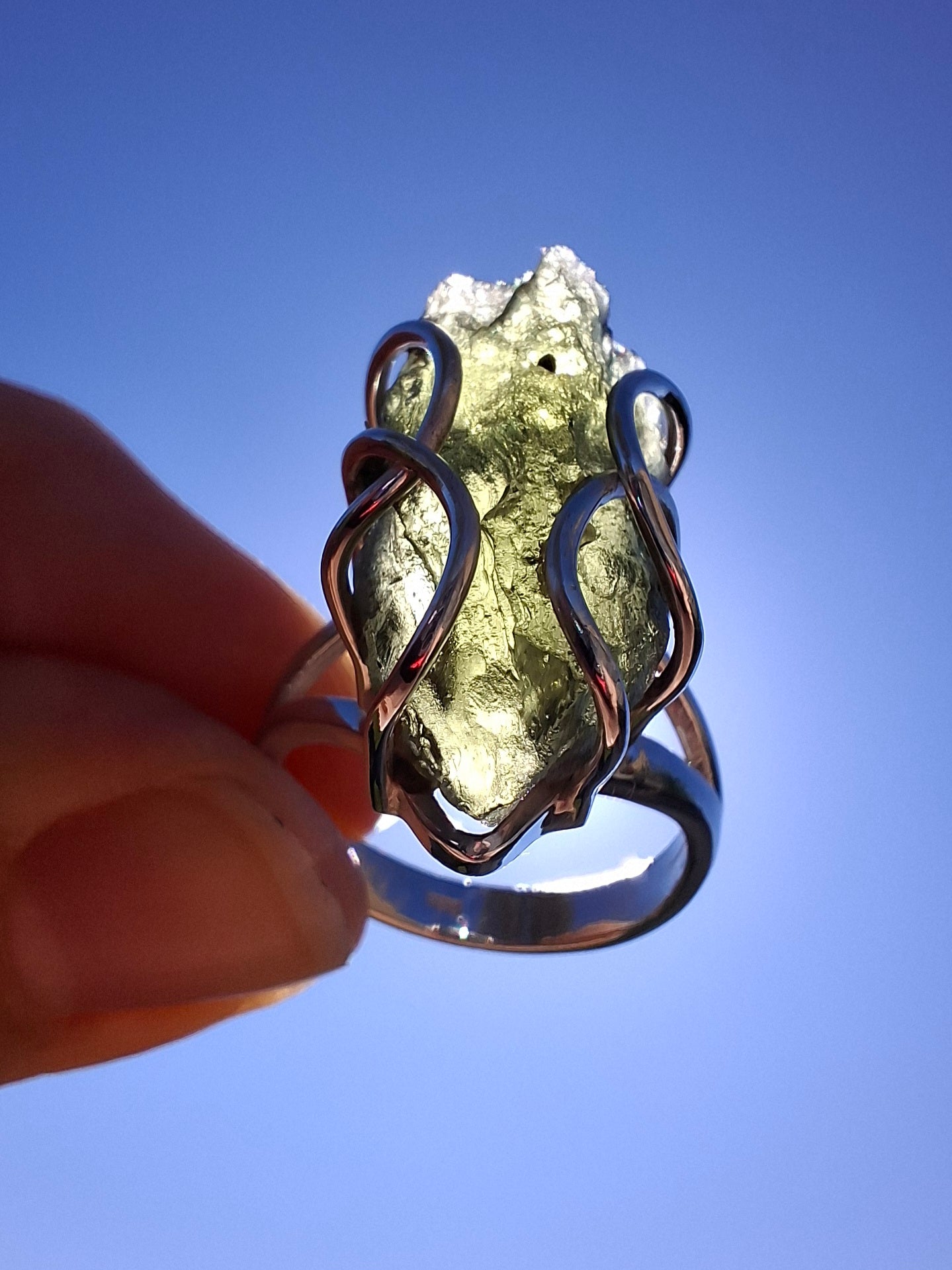 Moldavite Ring, size O, 925 Silver, Tektite (Ref: R8)