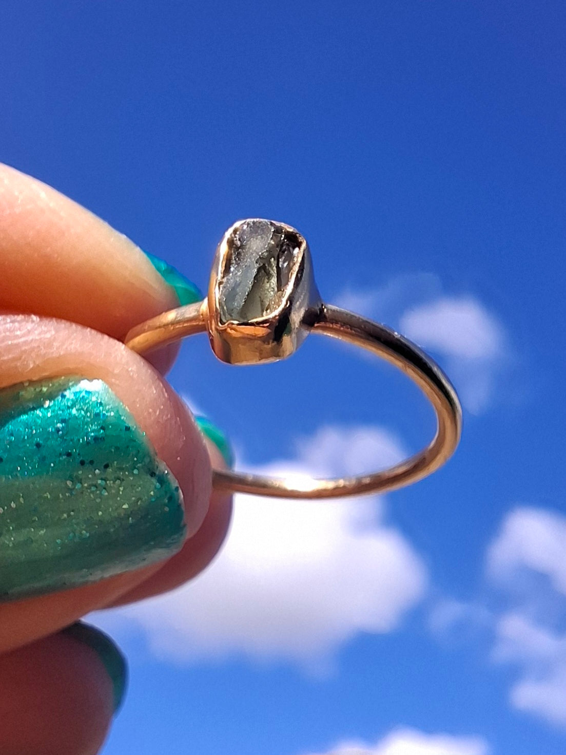 Moldavite Ring, 14K GOLD Plated, size large M, Tektite (Ref: R337)