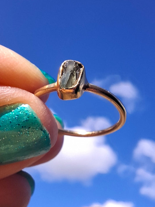 Moldavite Ring, 14K GOLD Plated, size large M, Tektite (Ref: R337)