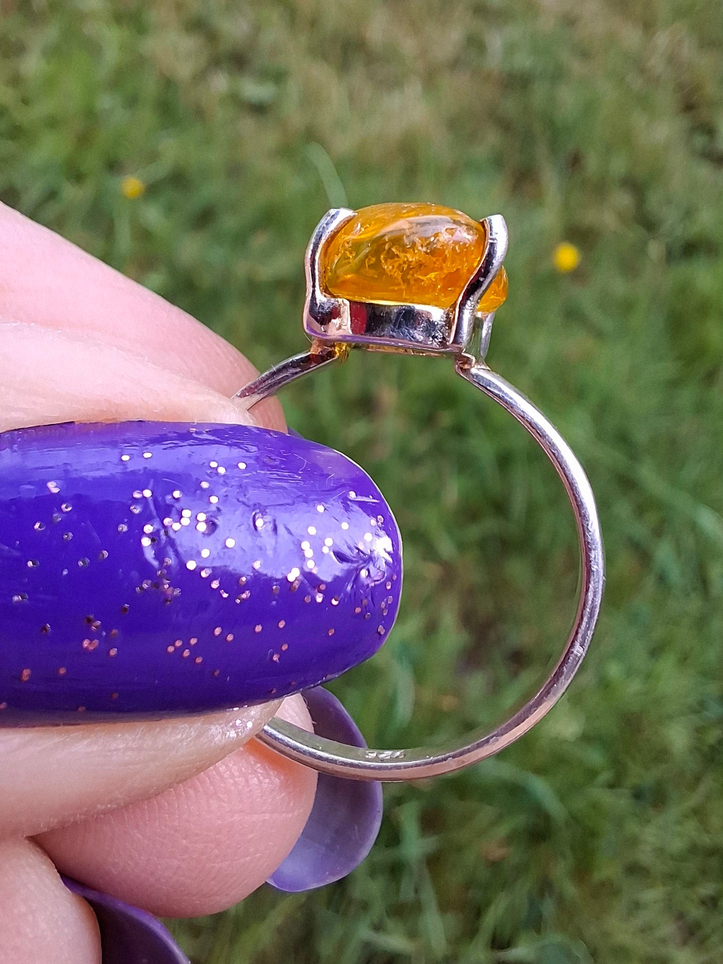 Baltic Amber Ring, size large O, 925 Silver, Fossil (Ref: AR12)