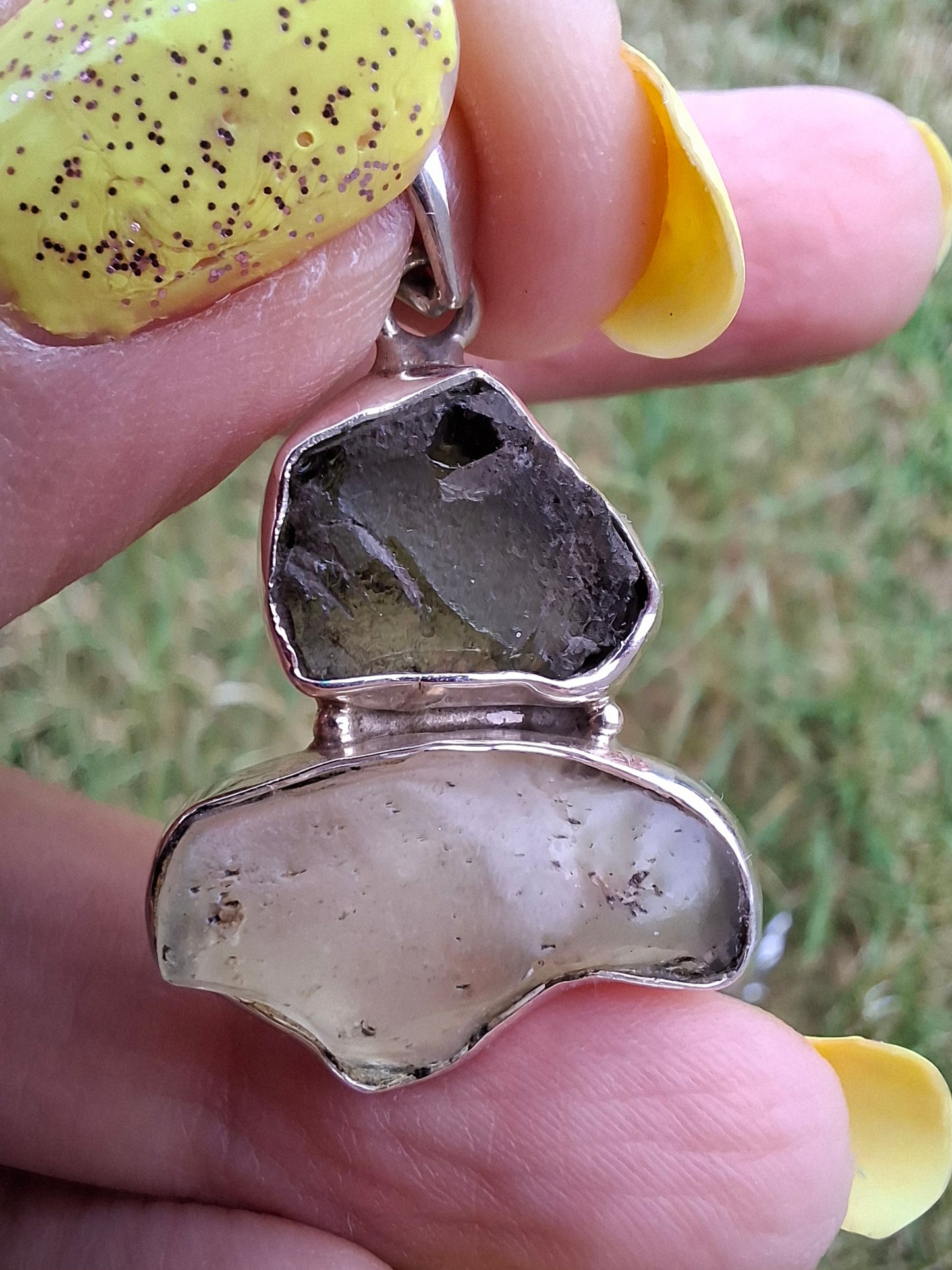 Moldavite & Libyan Desert Glass Pendant, 925 Silver, Tektite (Ref: MLP10)