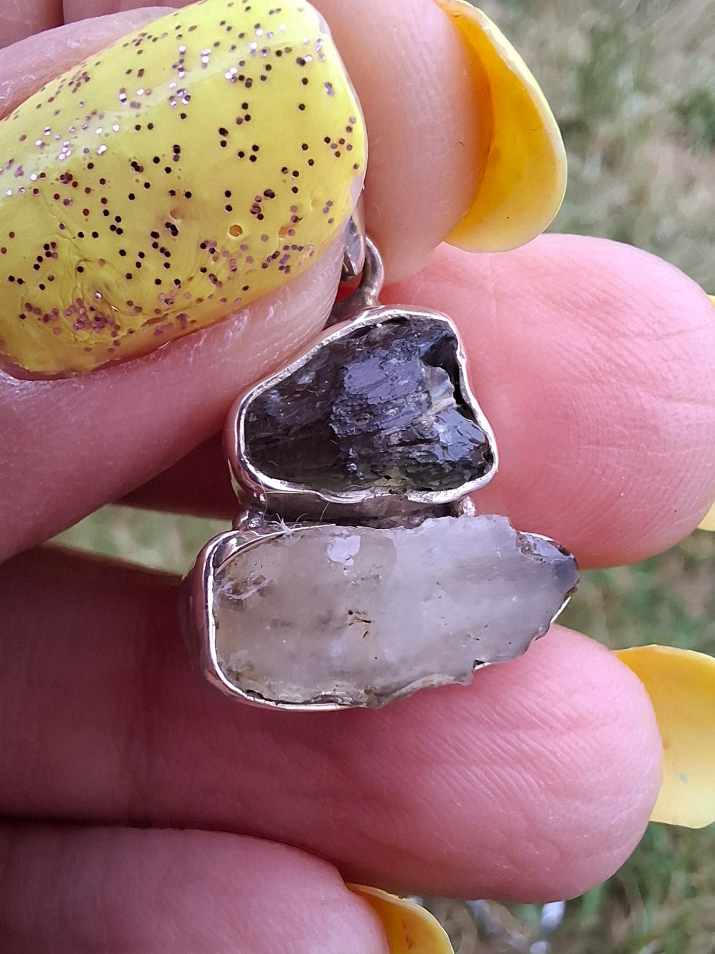 Moldavite & Libyan Desert Glass Pendant, 925 Silver, Tektite (Ref: MLP11)