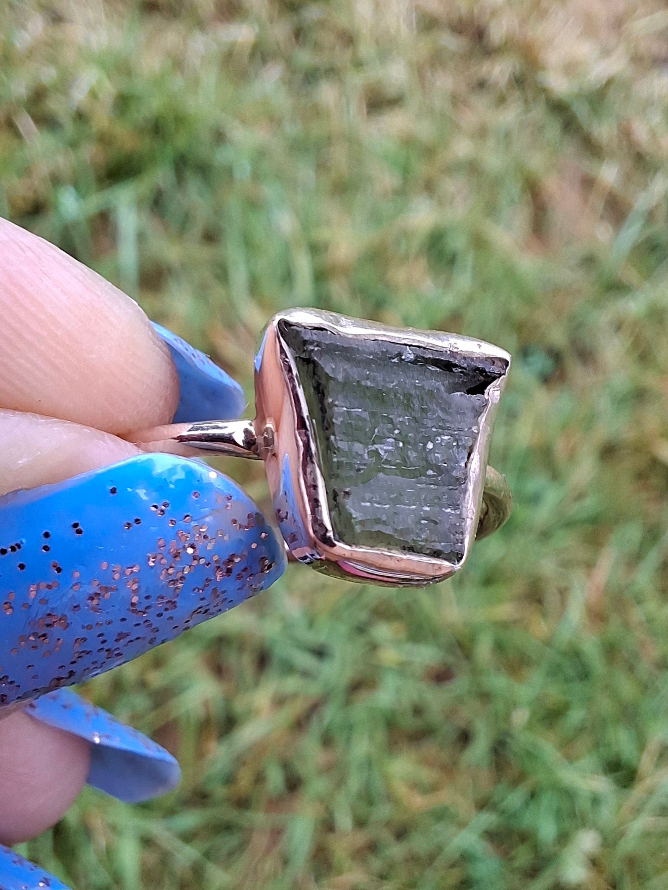 Moldavite Ring, size large P/small Q, 925 Silver, Tektite (Ref: R26)