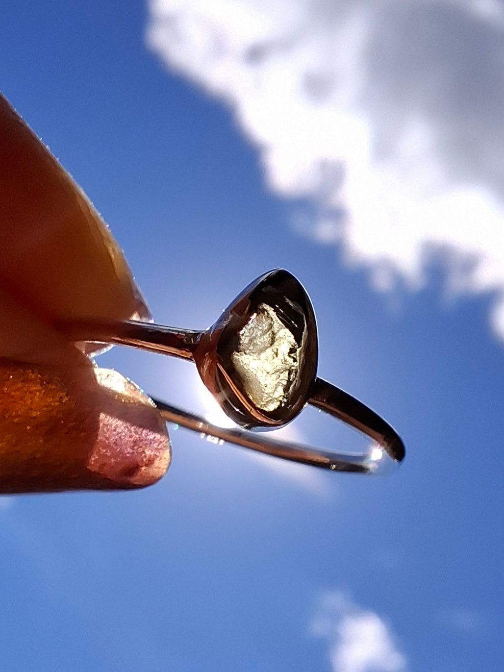 Moldavite Ring, size large M, 925 Silver, Tektite (Ref: R51)