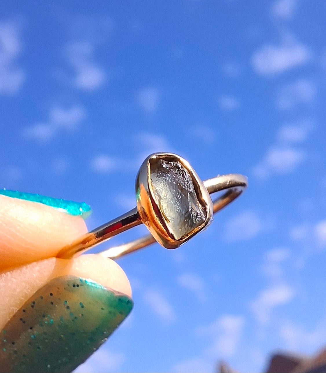Moldavite Ring, 14K GOLD Plated, size small L, Tektite (Ref: R342)