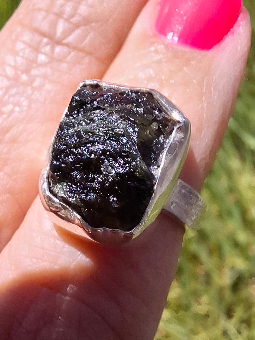 Moldavite Ring, size large G/small H, 925 Silver, Tektite (Ref: R293)