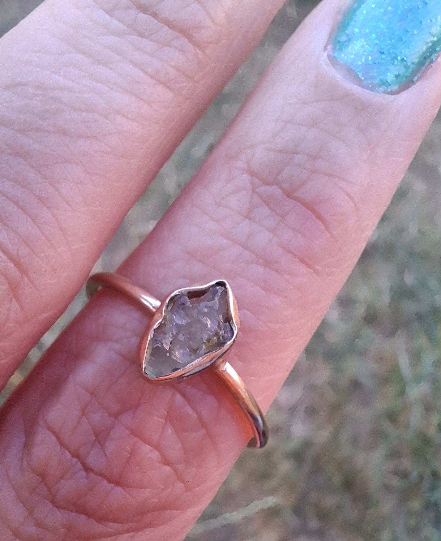 Moldavite Ring, 14K GOLD Plated, size large T, Tektite (Ref: R347)