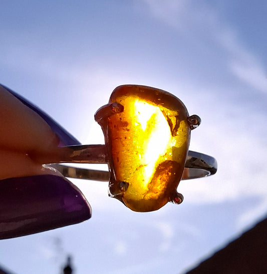 Baltic Amber Ring, size large V, 925 Silver, Fossil (Ref: AR24)