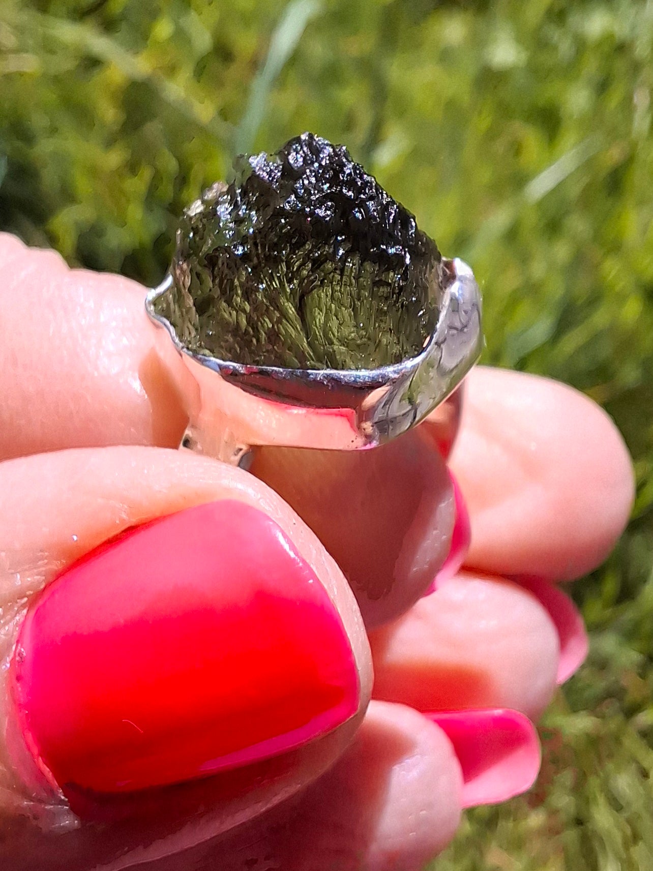 Moldavite Ring, size O, 925 Silver, Tektite (Ref: R312)