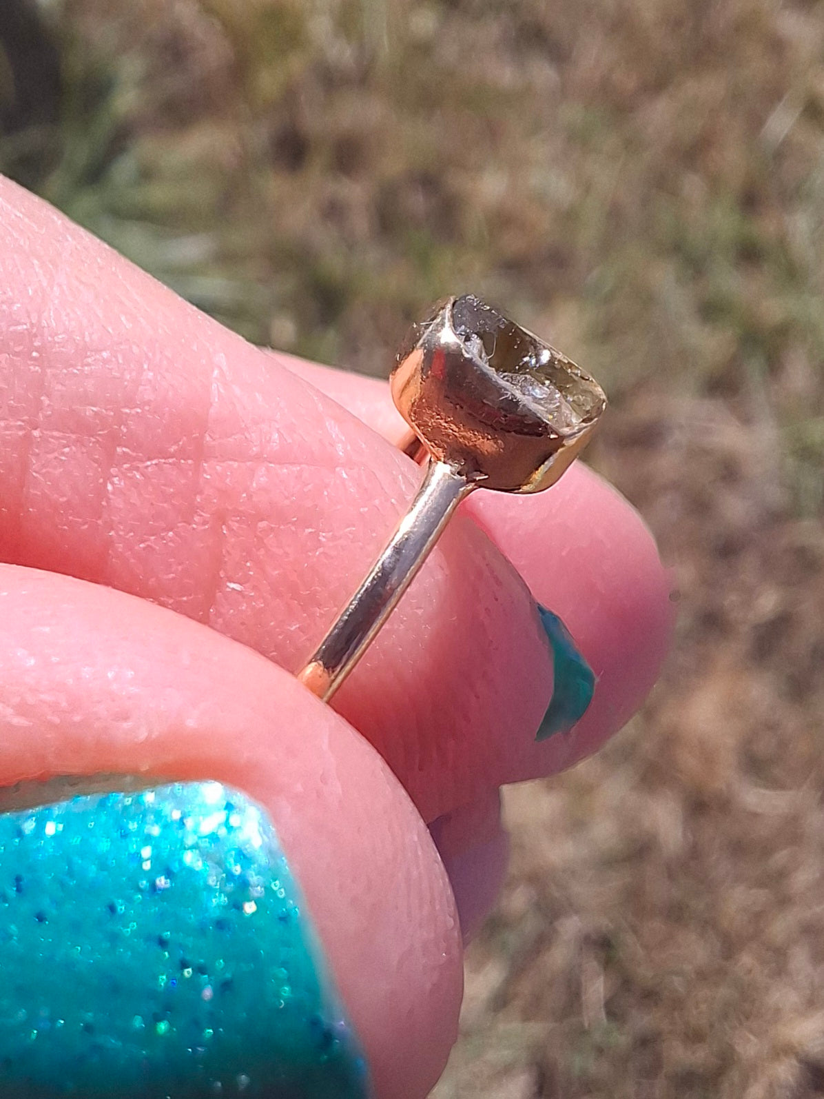 Moldavite Ring, 14K GOLD Plated, size large M, Tektite (Ref: R337)
