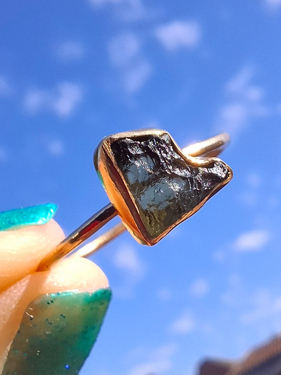 Moldavite Ring, 14K GOLD Plated, size large U, Tektite (Ref: R351)