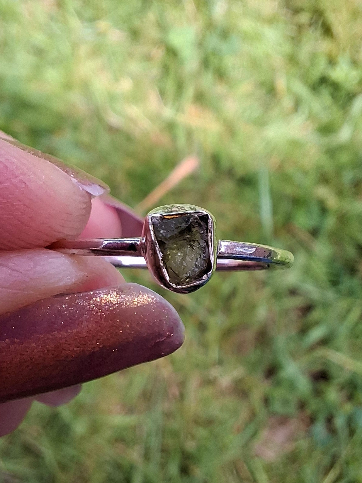 Moldavite Ring, size large O/small P, 925 Silver, Tektite (Ref: R41)