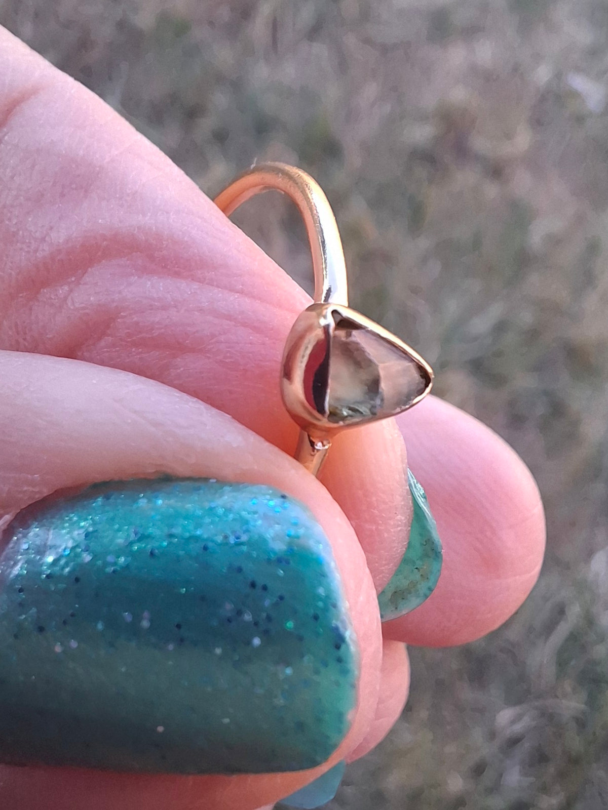 Moldavite Ring, 14K GOLD Plated, size large T, Tektite (Ref: R349)