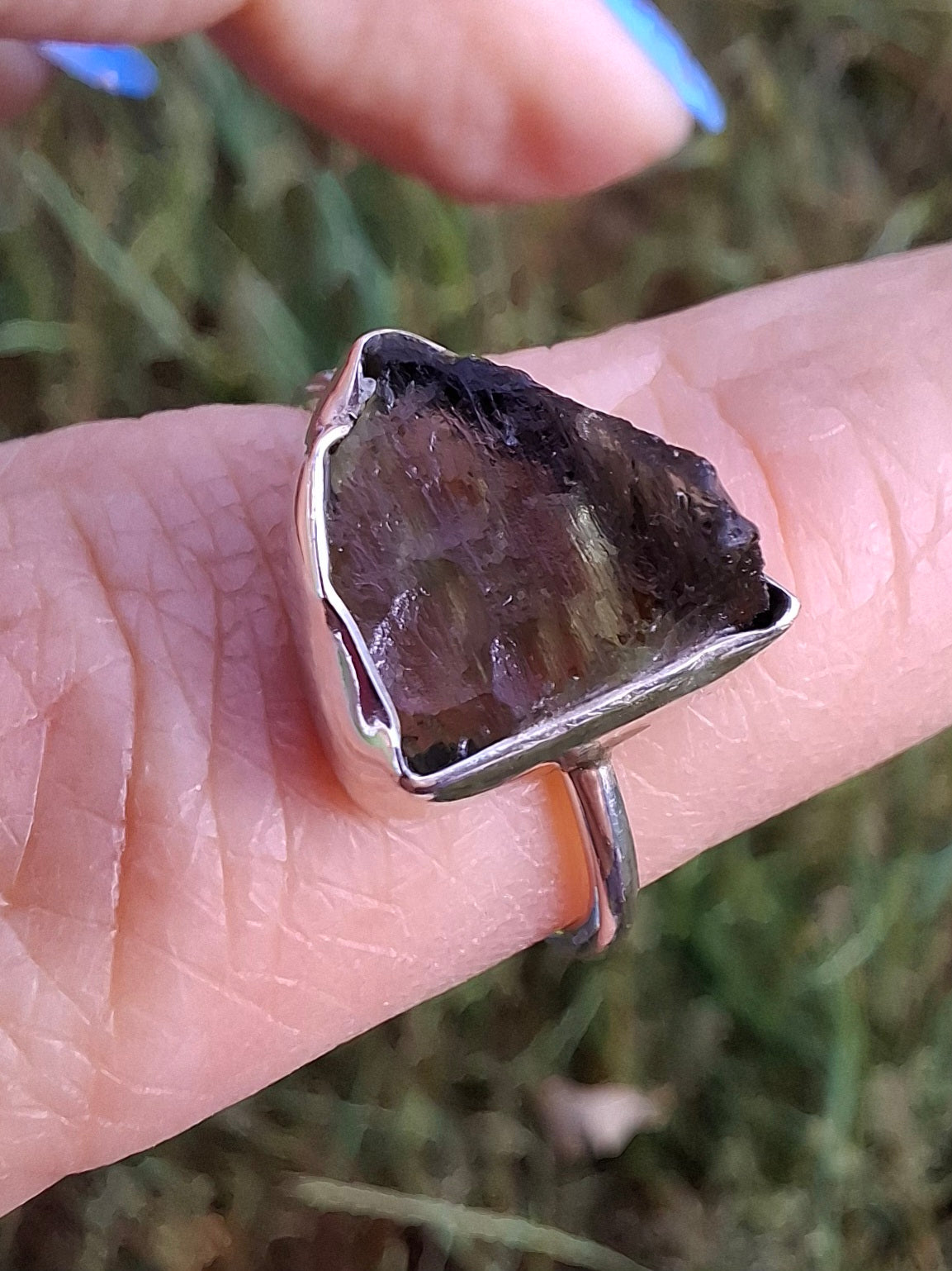 Moldavite Ring, size large J, 925 Silver, Tektite (Ref: R20)