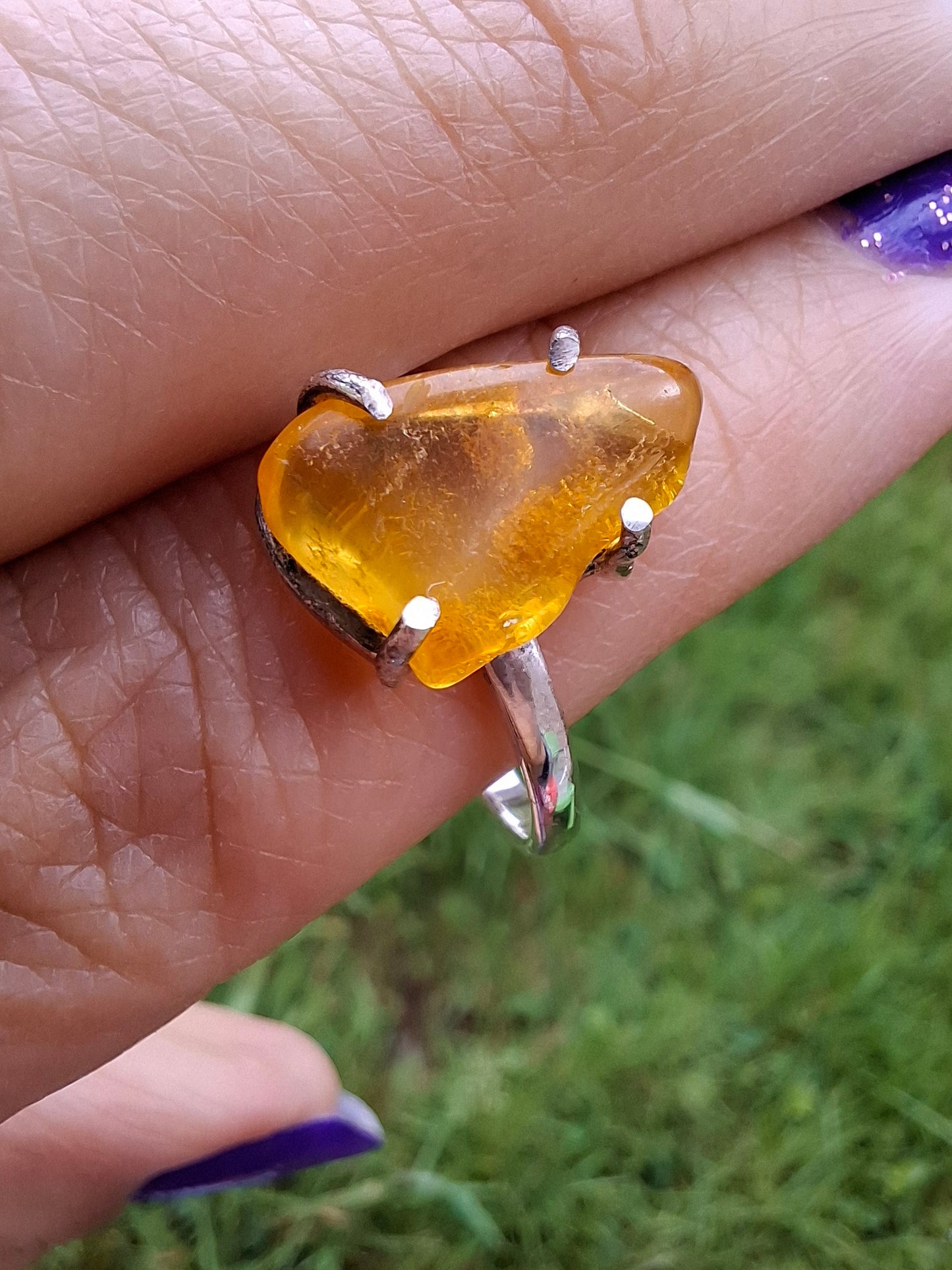 Baltic Amber Ring, size large U, 925 Silver, Fossil (Ref: AR21)