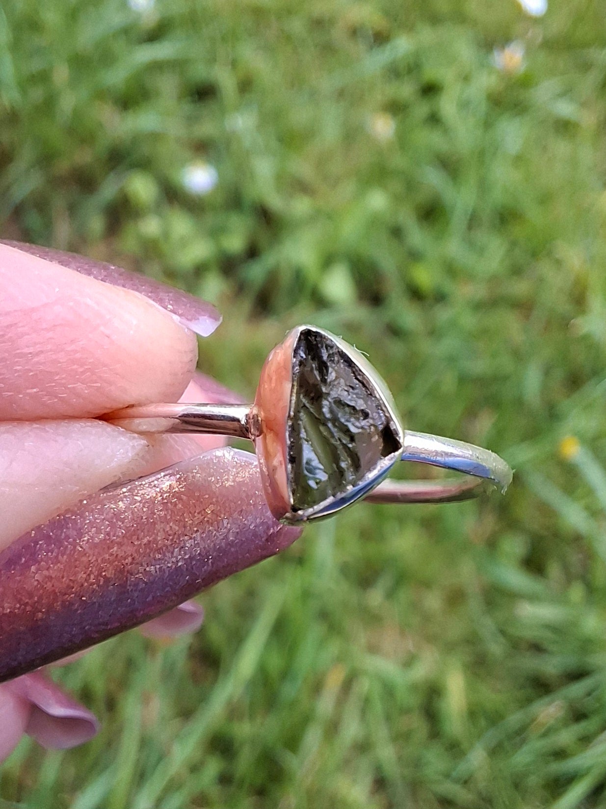 Moldavite Ring, size large R/small S, 925 Silver, Tektite (Ref: R53)