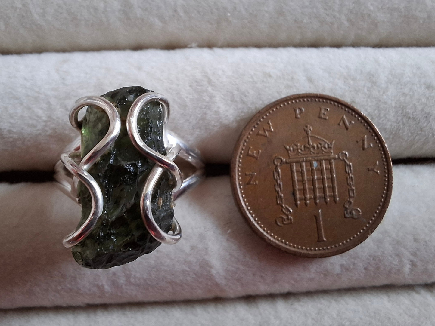 Moldavite Ring, size O, 925 Silver, Tektite (Ref: R9)