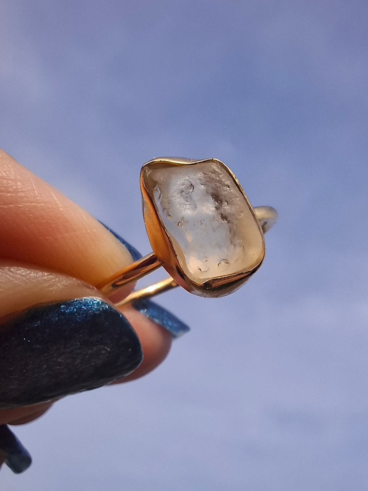 Libyan Desert Glass Ring, 14K GOLD Plated, size large Q, Tektite (Ref: LR64)