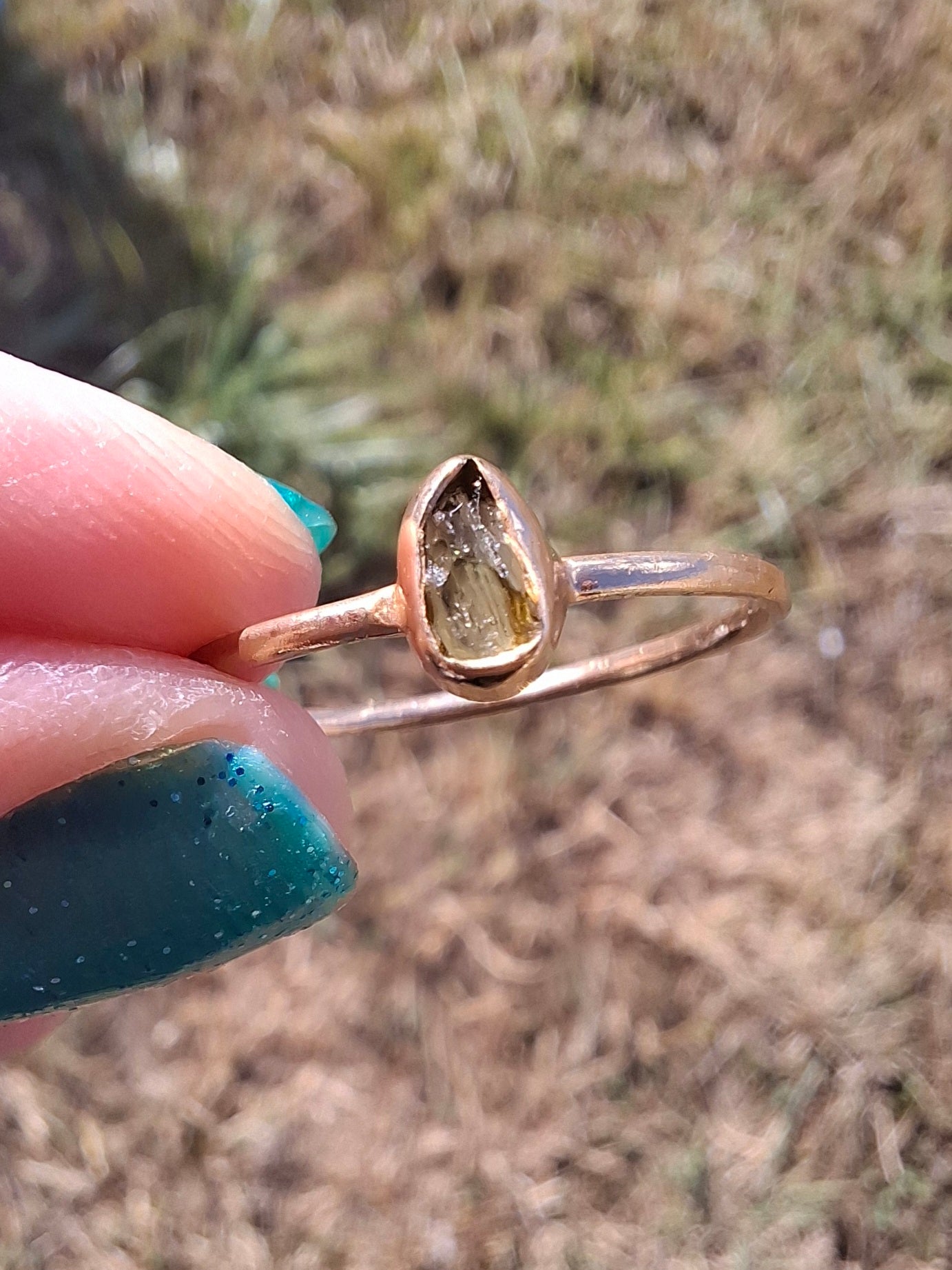 Moldavite Ring, 14K GOLD Plated, size large S, Tektite (Ref: R345)