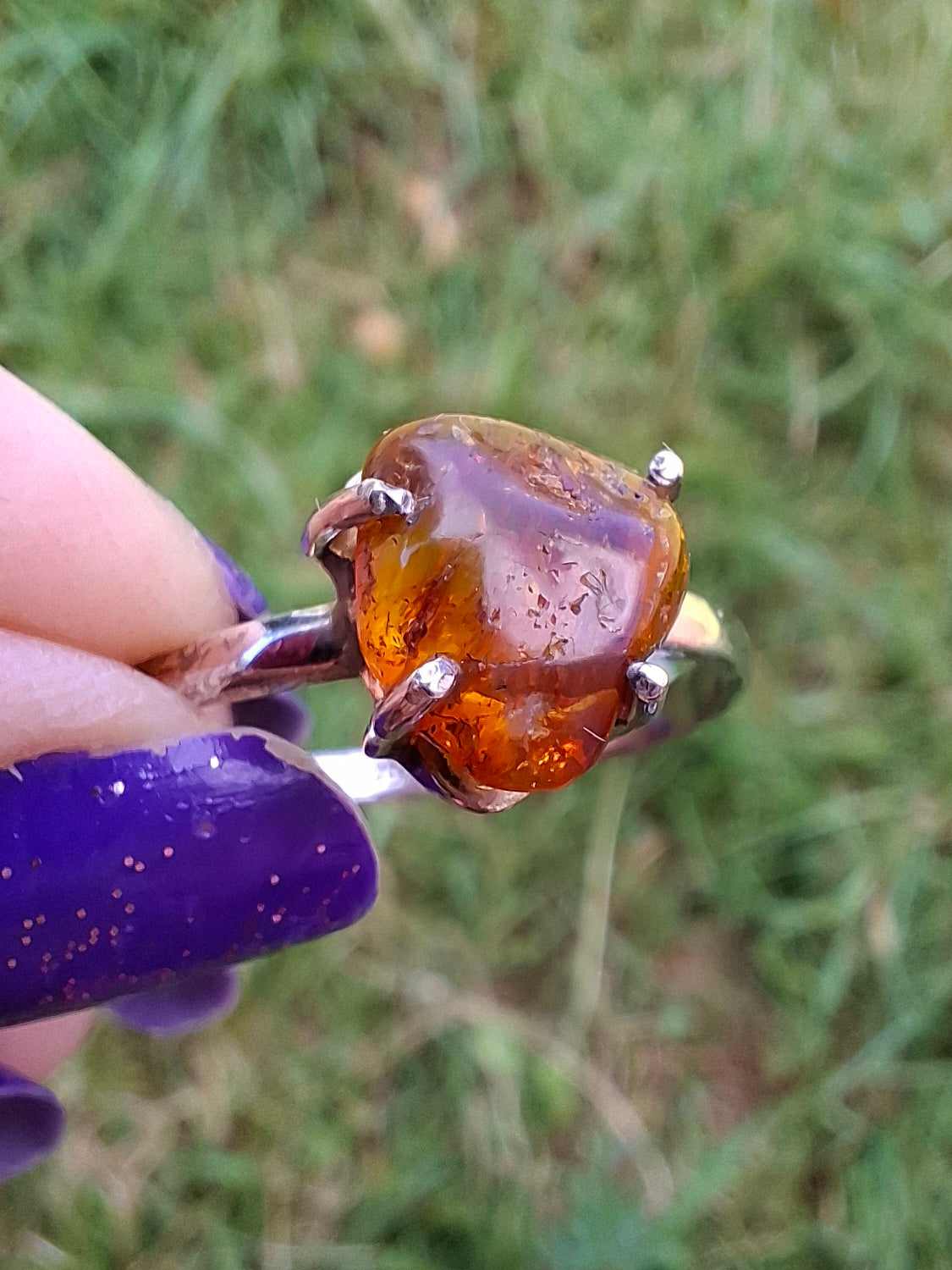 Baltic Amber Ring, size large X, 925 Silver, Fossil (Ref: AR34)
