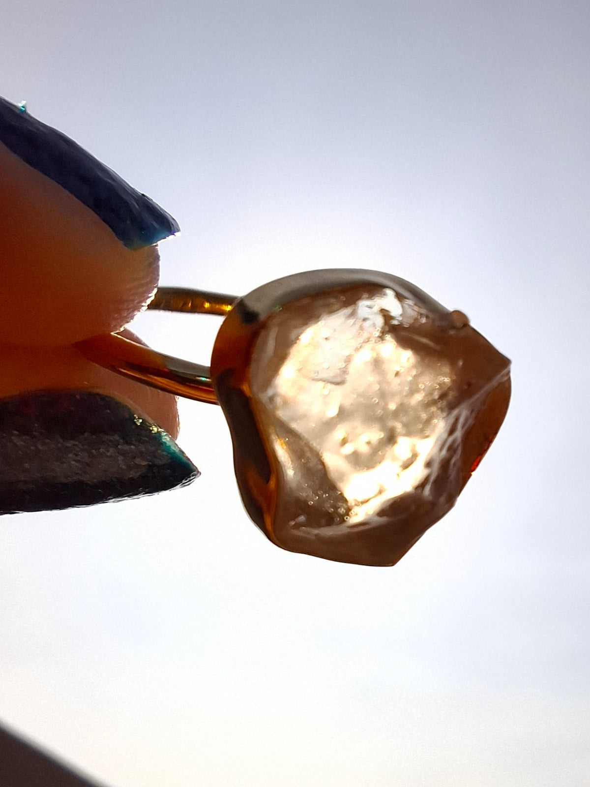 Libyan Desert Glass Ring, 14K GOLD Plated, size large N, Tektite (Ref: LR75)