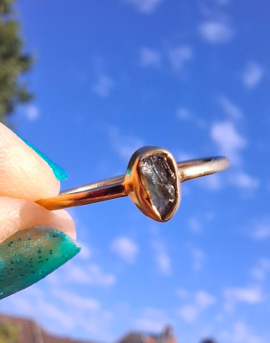 Moldavite Ring, 14K GOLD Plated, size large S, Tektite (Ref: R345)