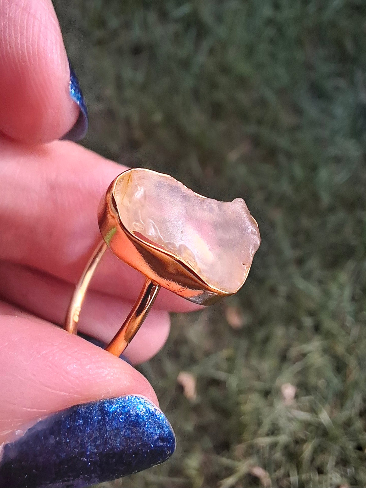 Libyan Desert Glass Ring, 14K GOLD Plated, size O, Tektite (Ref: LR65)