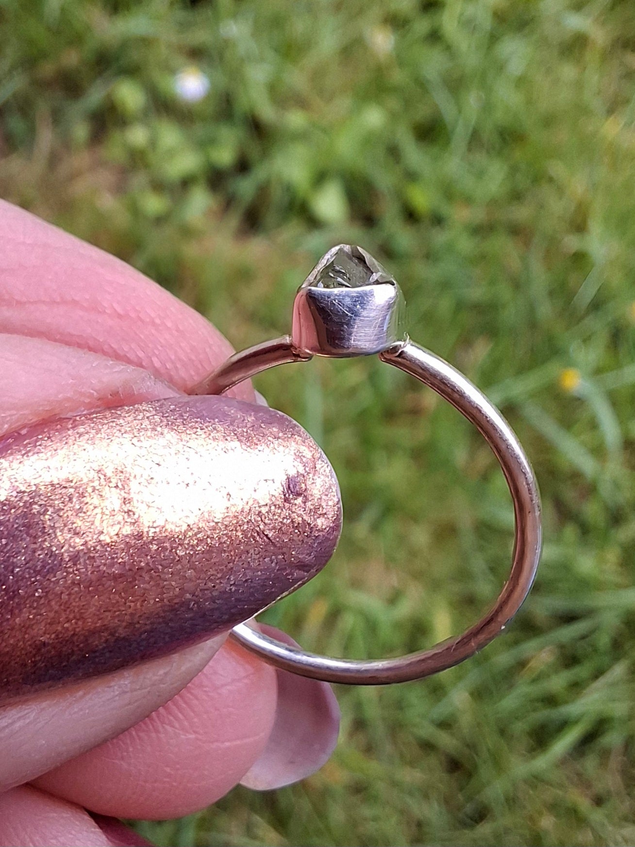 Moldavite Ring, size small L, 925 Silver, Tektite (Ref: R62)