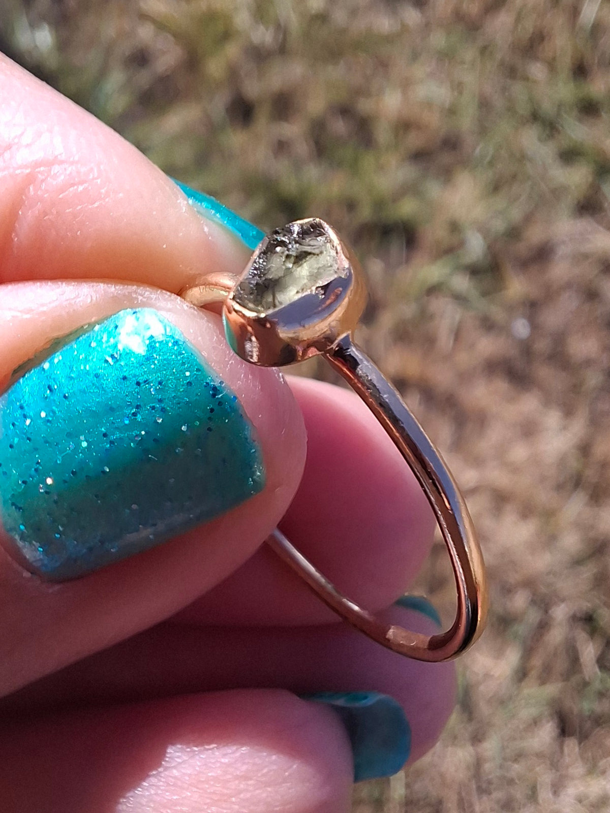 Moldavite Ring, 14K GOLD Plated, size large T, Tektite (Ref: R350)