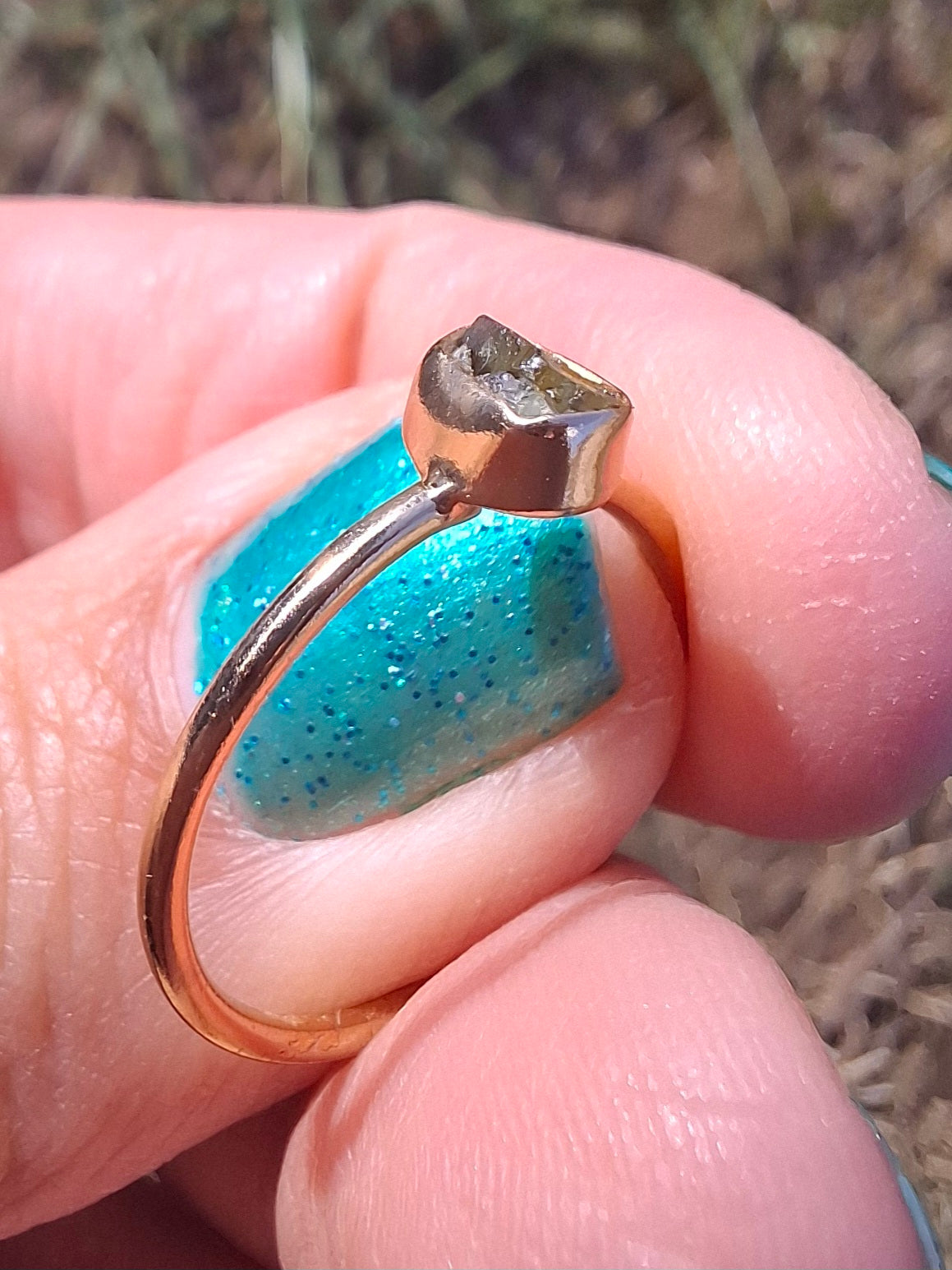 Moldavite Ring, 14K GOLD Plated, size large M, Tektite (Ref: R337)