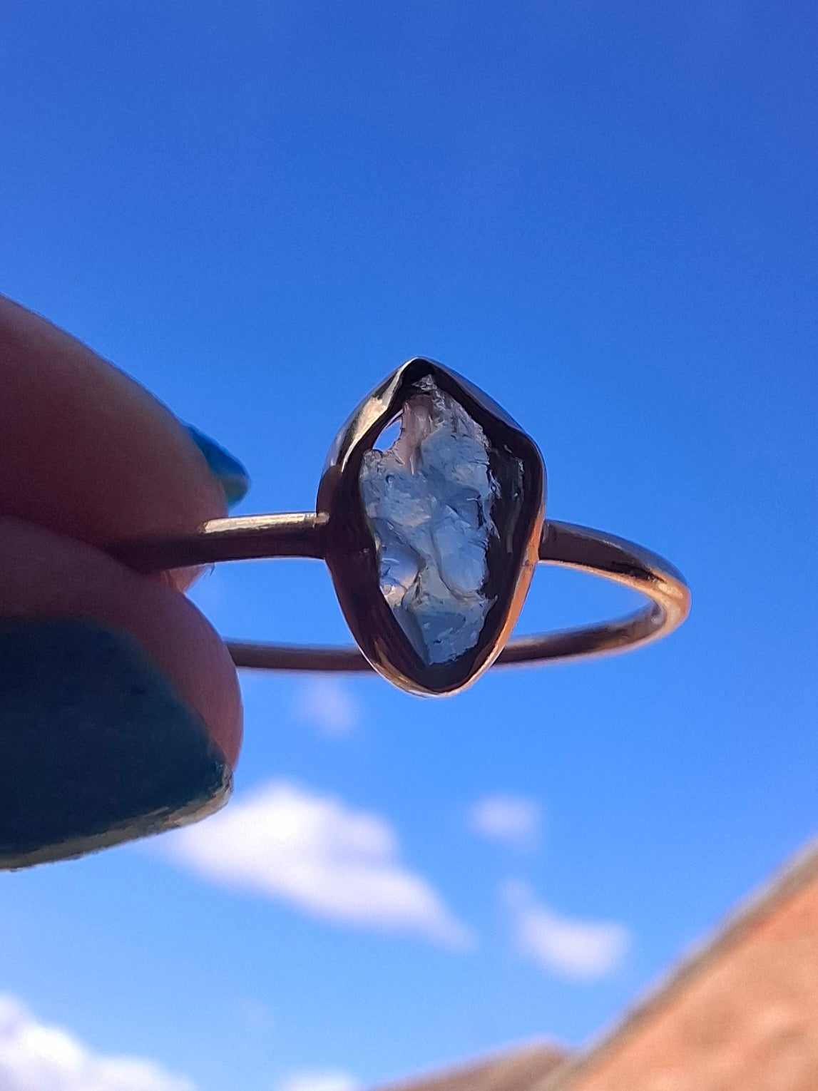 Moldavite Ring, 14K GOLD Plated, size large T, Tektite (Ref: R347)