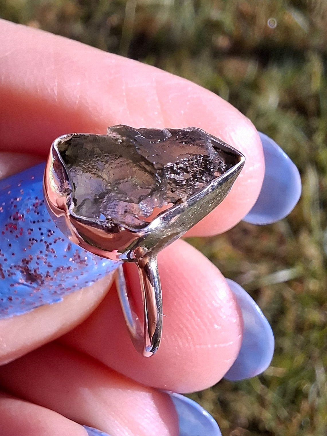 Moldavite Ring, size large G/small H, 925 Silver, Tektite (Ref: R19)