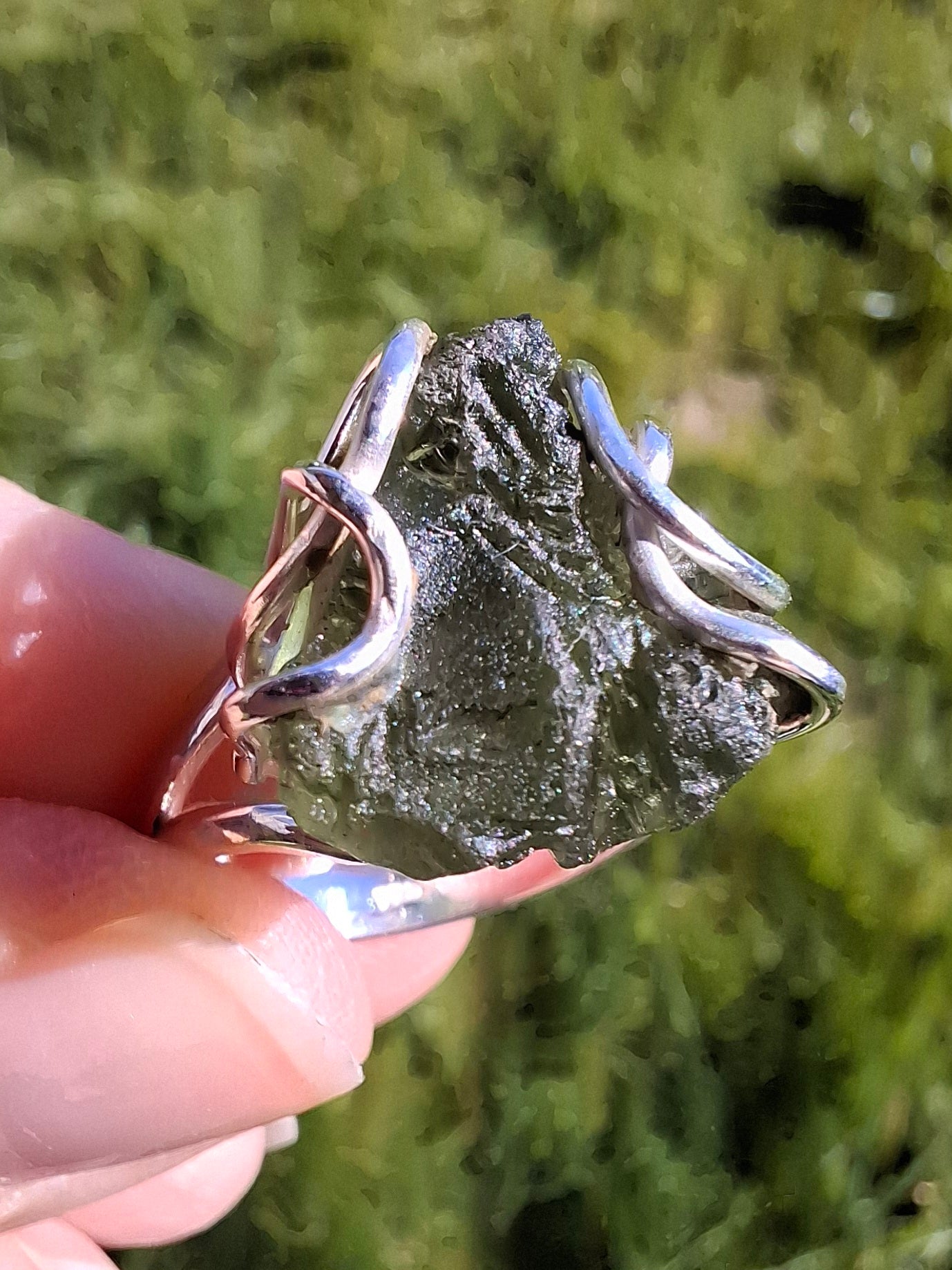 Moldavite Ring, size large L/small M, 925 Silver, Tektite (Ref: R4)