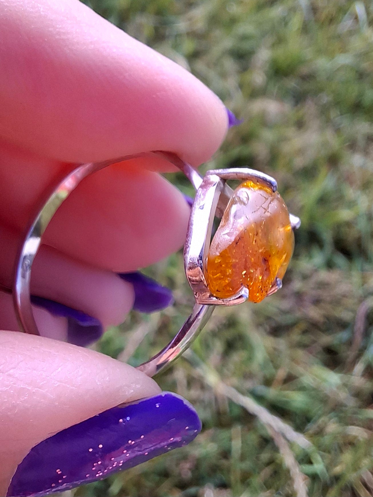 Baltic Amber Ring, size large X, 925 Silver, Fossil (Ref: AR36)