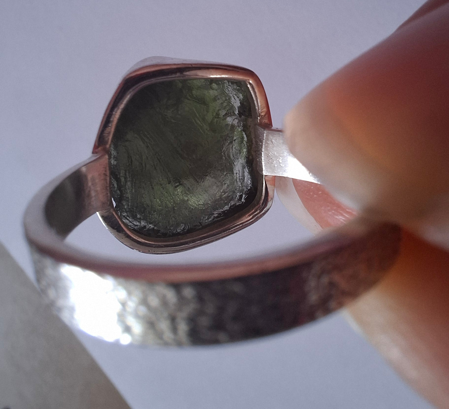 Moldavite Ring, size O, 925 Silver, Tektite (Ref: R312)