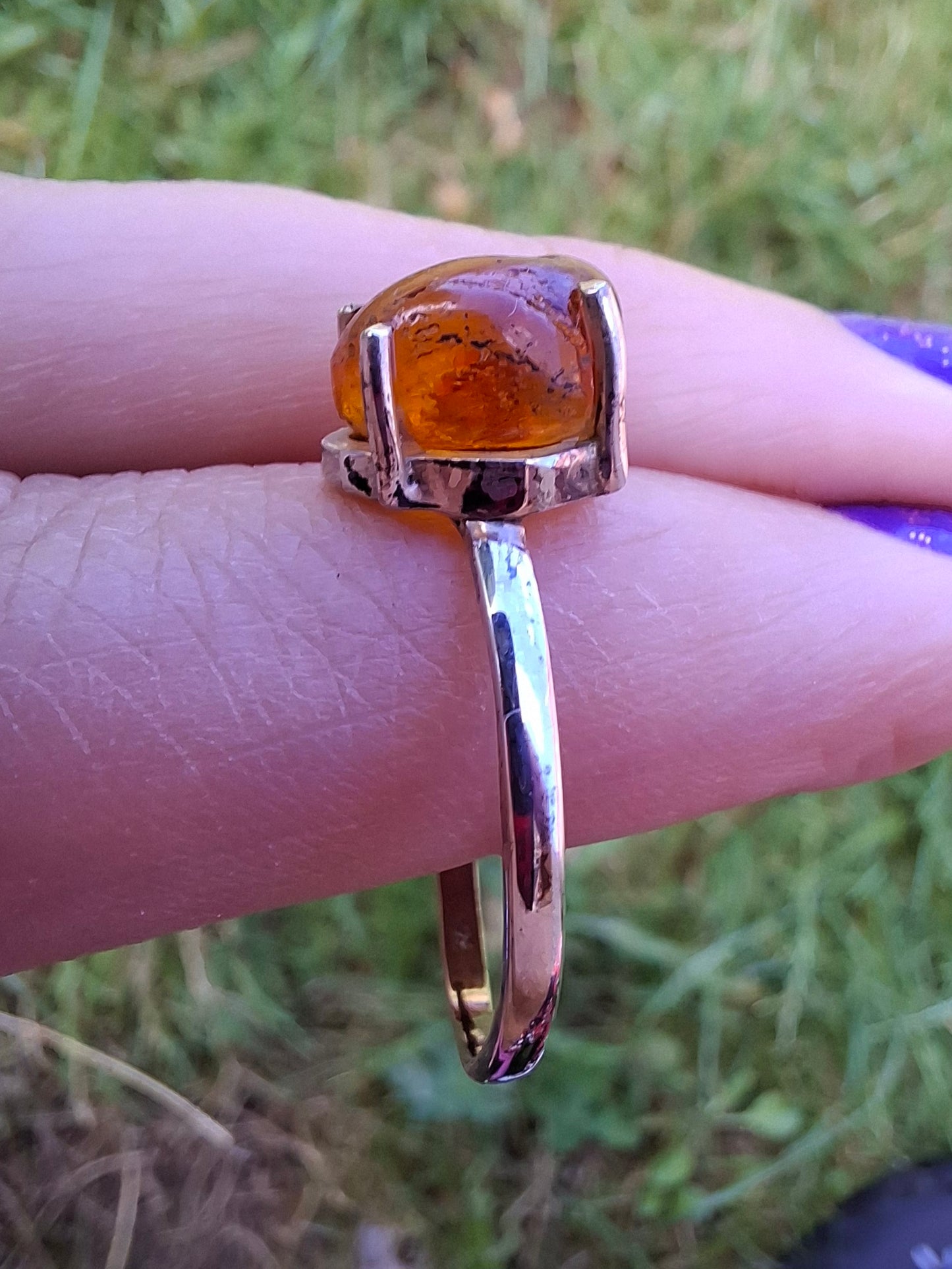 Baltic Amber Ring, size large W, 925 Silver, Fossil (Ref: AR29)