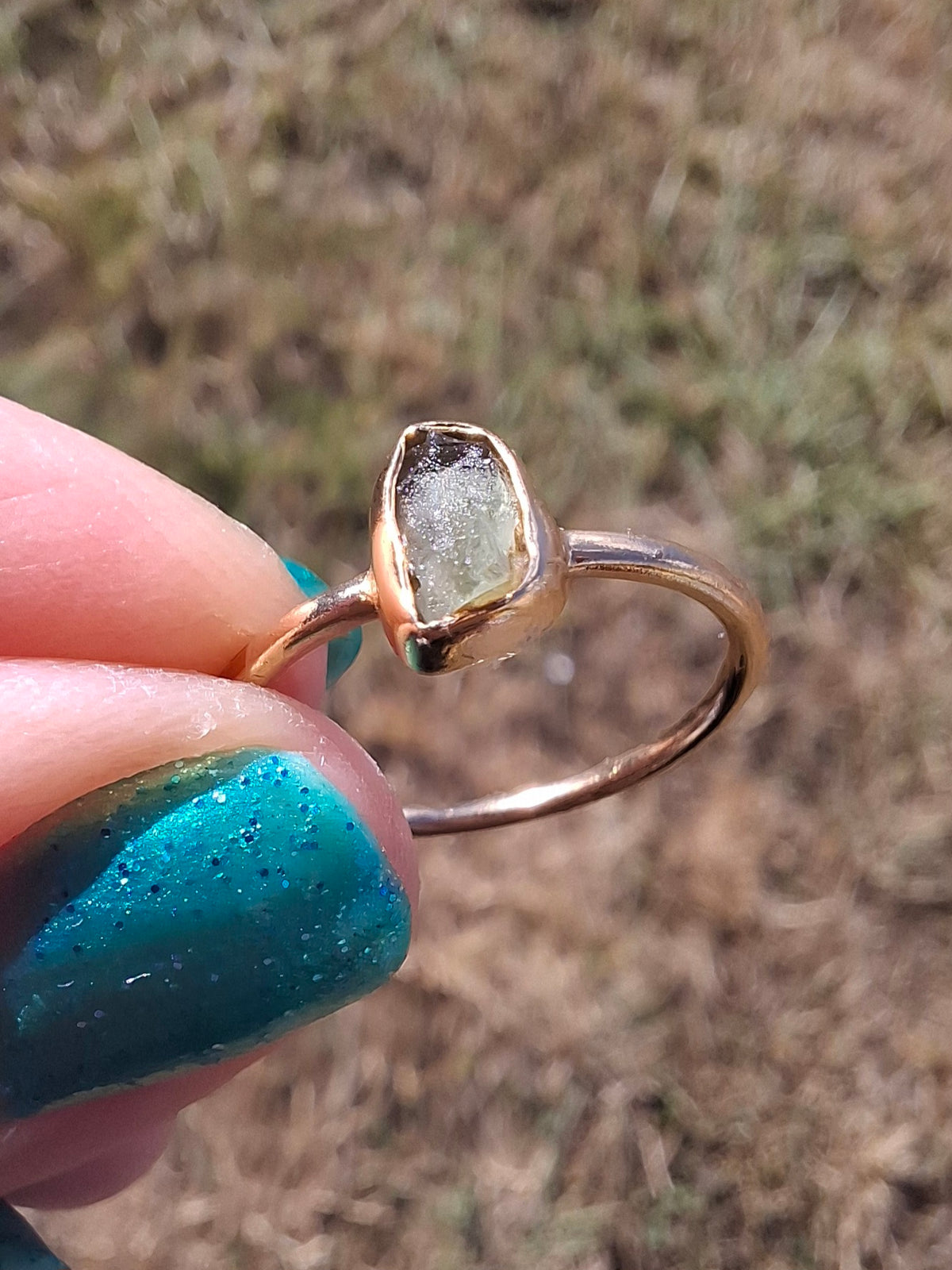 Moldavite Ring, 14K GOLD Plated, size small L, Tektite (Ref: R342)